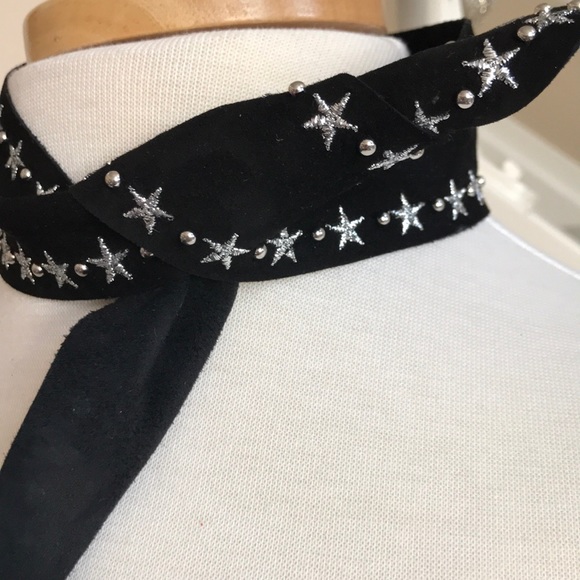 NWT Saint Laurent YSL Black Suede Scarf Choker Metallic Stars & Silver Studs - Picture 6 of 16
